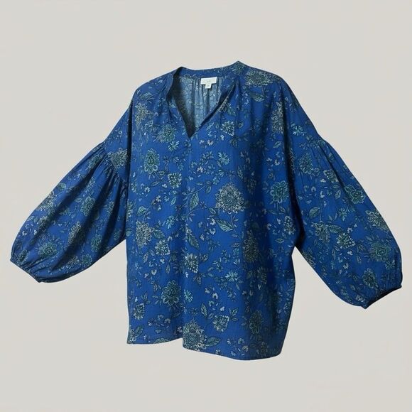 J. Jill Womens Size L Blue Green Floral Print V-neck Pullover Blouse Top - Picture 3 of 4